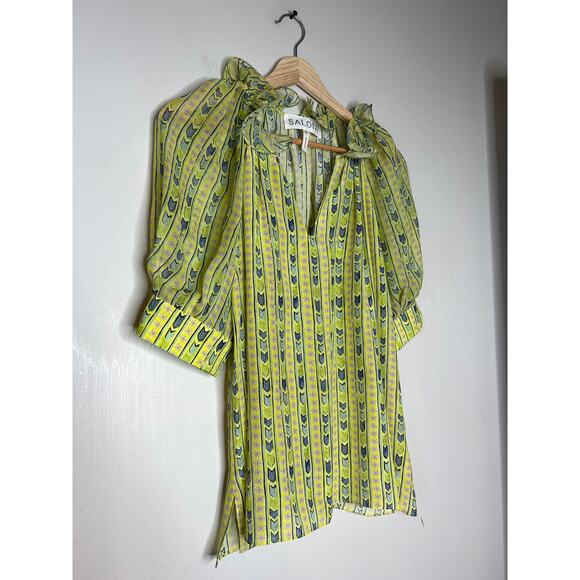 NEW Saloni V-neck Silk Puff Sleeves Josie Top Faience Floral Lime Yellow Sz: 6 - Picture 3 of 7